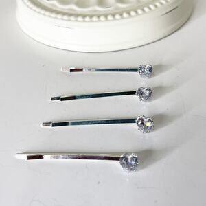 Lot of 4 Vintage Y2K Rhinestone Heart Silver Bobby Pins 90s Fashion Glam Sparkle
